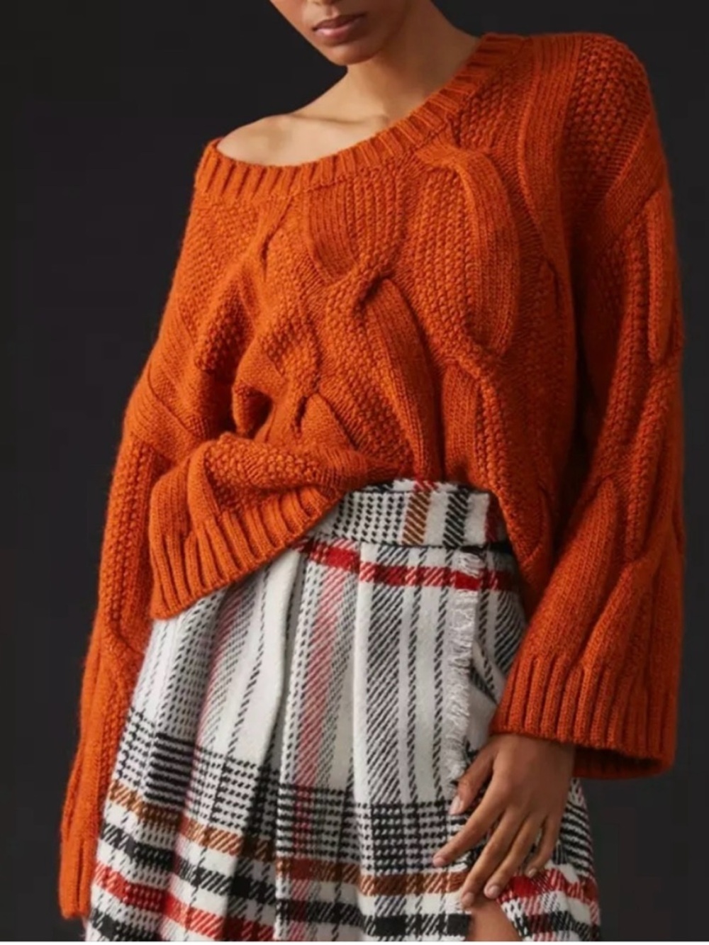 Maeve Anthropologie Rust Orange Cable Knit Oversized Sweater Boat Neck Medium